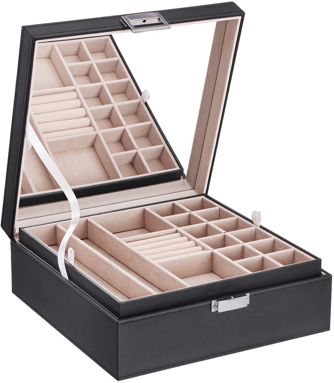 Jewelry Box Organizer Dual Layer Storage Leather Box for Rings Brackets 
