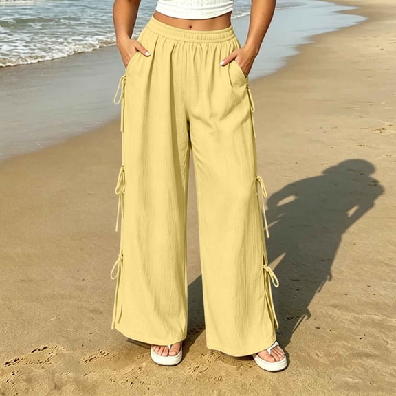 TaTaai Womens Plus Size Wide Leg Pants High Waisted Side Tie Elastic Drawstring Waist Side Pocket Solid Soft Breathable Linen Trousers for Summer Gift