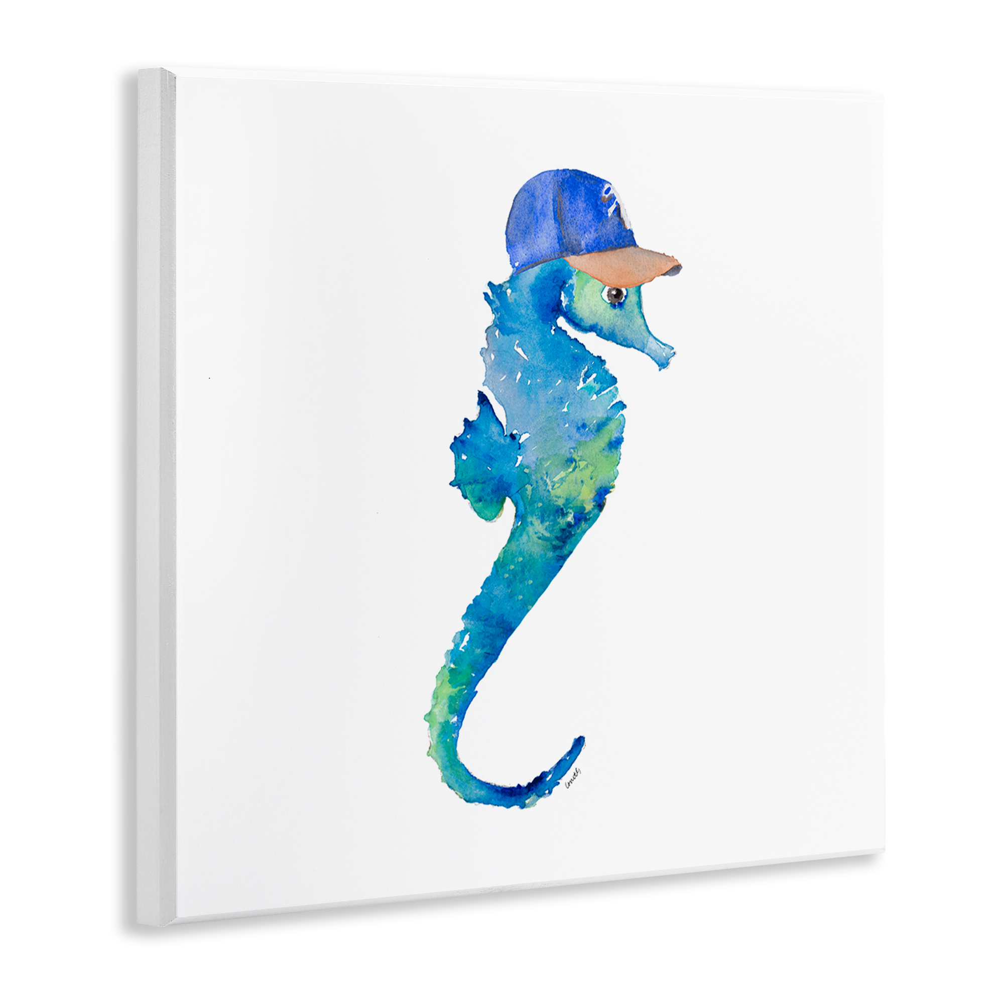 Stupell Industries Blue Seahorse in Hat Novelty Painting Unframed Art Print Wall Art, 12 x 12