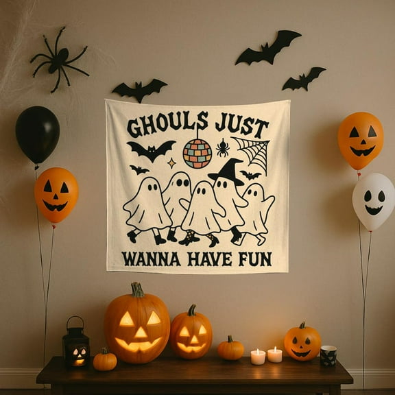 ViciArt Ghouls Just Wanna Have Fun Polyester Tapestry, 30"x40" White Halloween Wall Hanging, Spooky Ghost Party Decor
