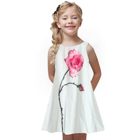 

THE WILD Girls Dresses Casual Curved Hem Shift Printed O-Neck Sleeveless Midi Girls Dresses White