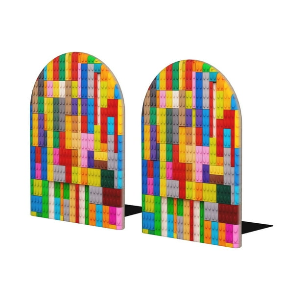 KLL Colorful Plastic Blocks Pattern Print Wood Book Ends for Shelves,1 Pair Wood Bookends Book Holder Stand Decorative, Book Stoppers for Heavy Duty Books CD File Video Games