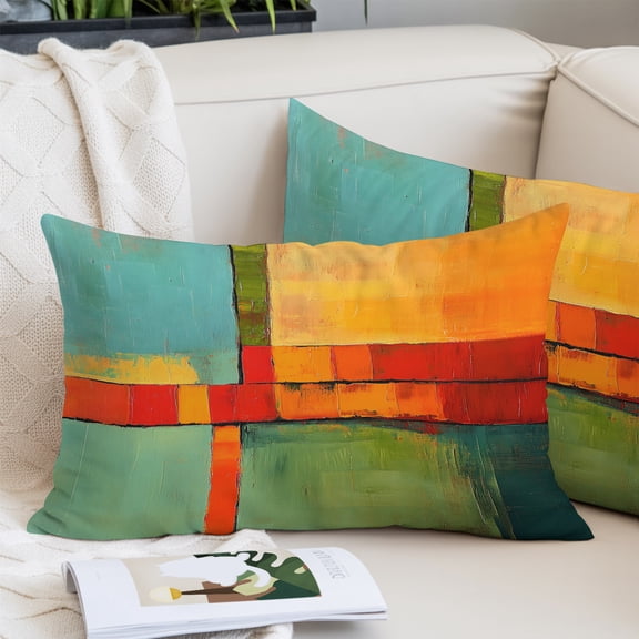 Teal Orange Geometric Pillow Covers Queen, Contemporary Oil Painting Art Soft Brushed Microfiber Breathable Throw Pillow Covers, Decorative Pillowcase with Zipper for Couch Sofa Bedroom 20"x30"