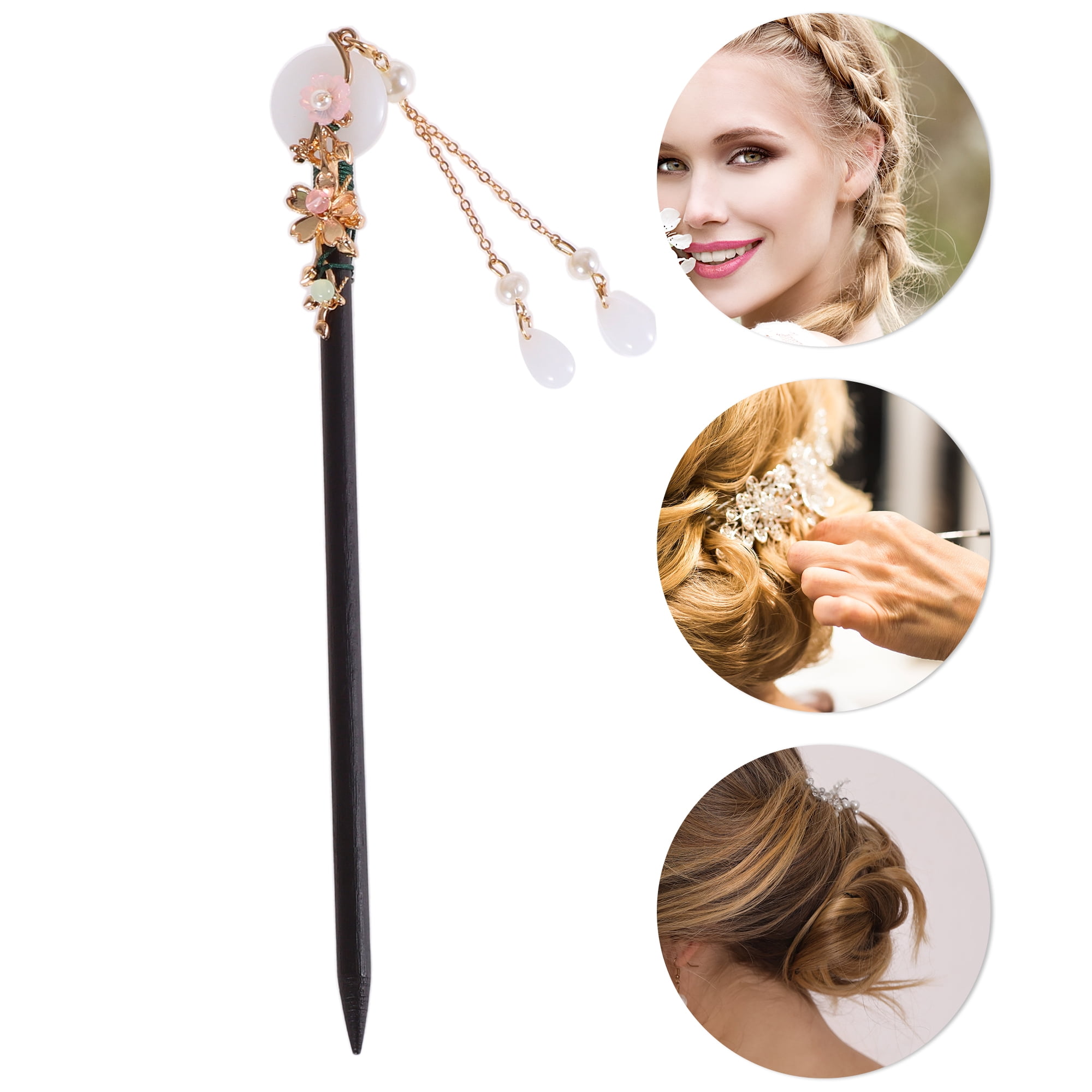 Unique Bargains Gardenia Tassel Hair Chopstick Black White Pink 1 Pc Large Jade buckle