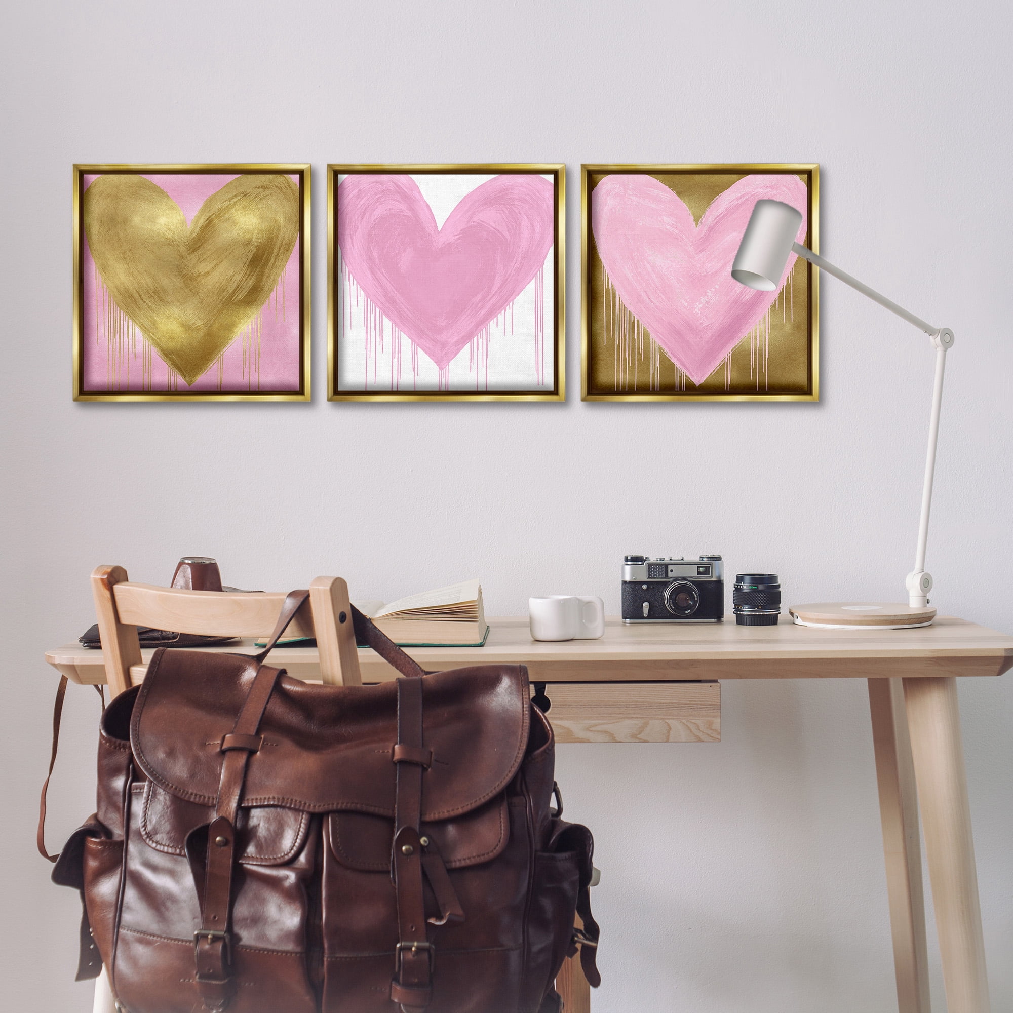 Stupell Industries Glam Paint Drip Hearts Design Art for Kids Painting Gold Floater Framed Canvas Art Print Wall Art, 18 x 18, Set of 3