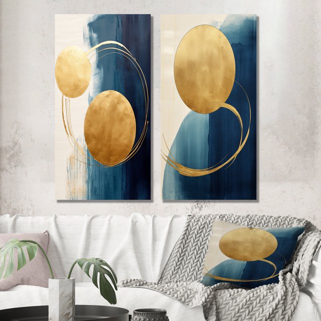Designart "Mid-Century Moon Serenity on Delft Blue Sky III" Transitional Wall Art Set Of 2 - Abstract Gold Gallery Set For Office Decor