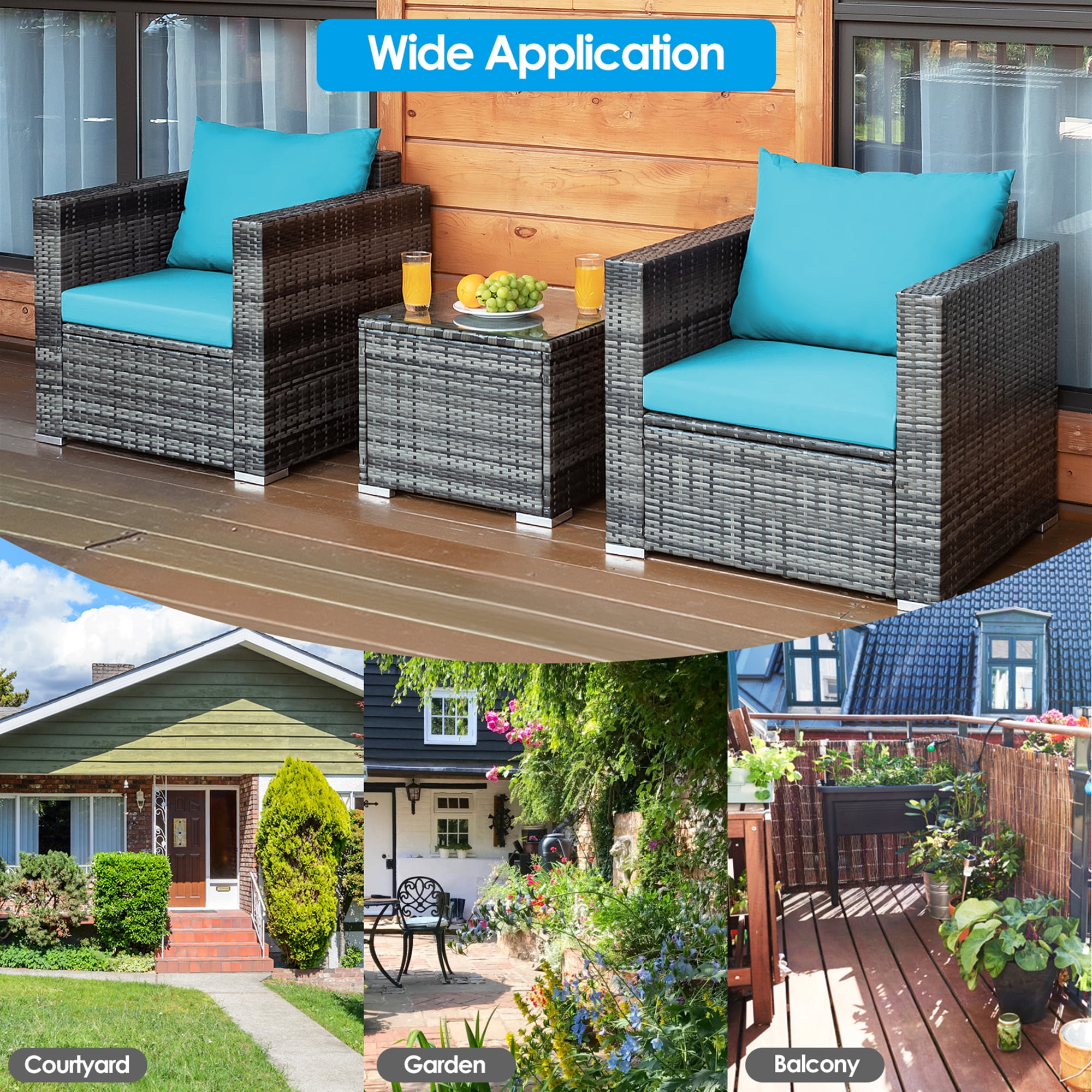 Gymax 3PCS Rattan Patio Conversation Furniture Set Outdoor Yard w/ Turquoise Cushion