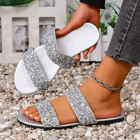 Wowcloth Sandals for Women – Fashionable Casual Summer Dressy Style with Soft Glitter Rhinestone Single Strap Beachwear Flat Shoes for Daily Outfits,Plus Size