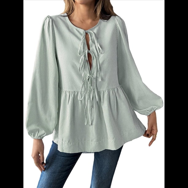 Blusa Holgada con Cuello en V y Mangas Abullonadas con Cordones para Mujer, Estilo Y2K, Ropa de Verano. Verde XXL