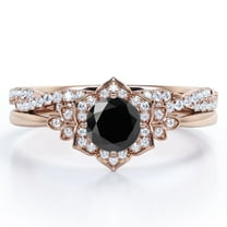 JeenMata Flower Halo Bezel 1.5 Carat Round Cut Lab Grown Black Diamond and Moissanite Infinity Twisted Band Wedding Ring Set in 18K Rose Gold Plating over Silver