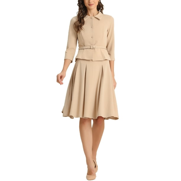 Conjuntos de traje de falda inspiradores y elegantes para mujeres, 2 piezas, oficina, chaqueta de blazer de 3/4 de manga, faldas plisadas, XL, caqui