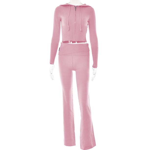 Conjuntos de 2 piezas de punto para mujer, chándal de manga larga con cremallera, suéter con capucha, Top corto, pantalones acampanados, traje elástico a juego