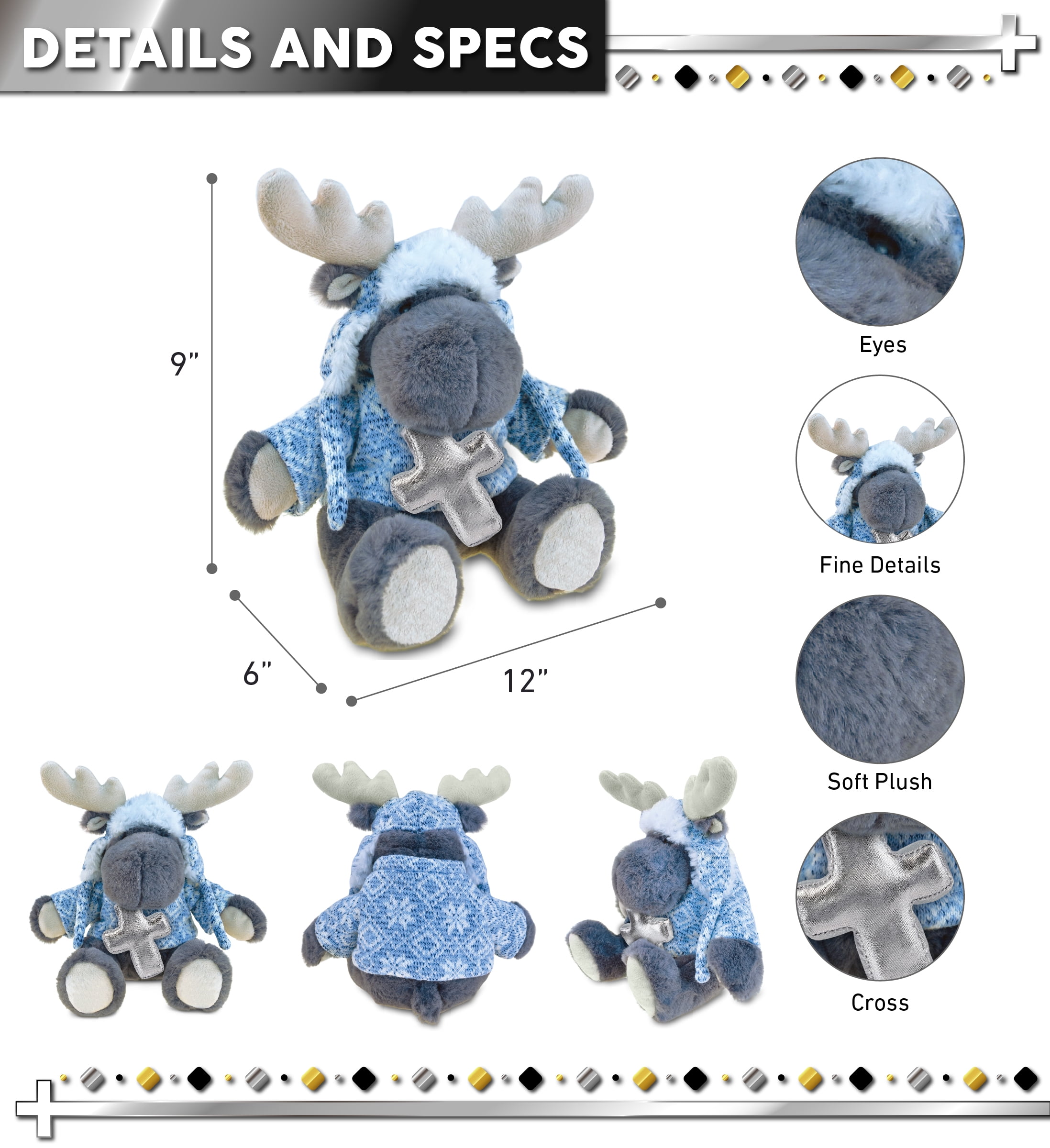 DolliBu Grey Moose with Clothes Stuffed Animal with Silver Cross Plush - Religious Baby Baptism Gifts for Boys and Girls, Dedication Christening Gifts Plush Prayer Toy Healing Teddy Bear - 12 Inches