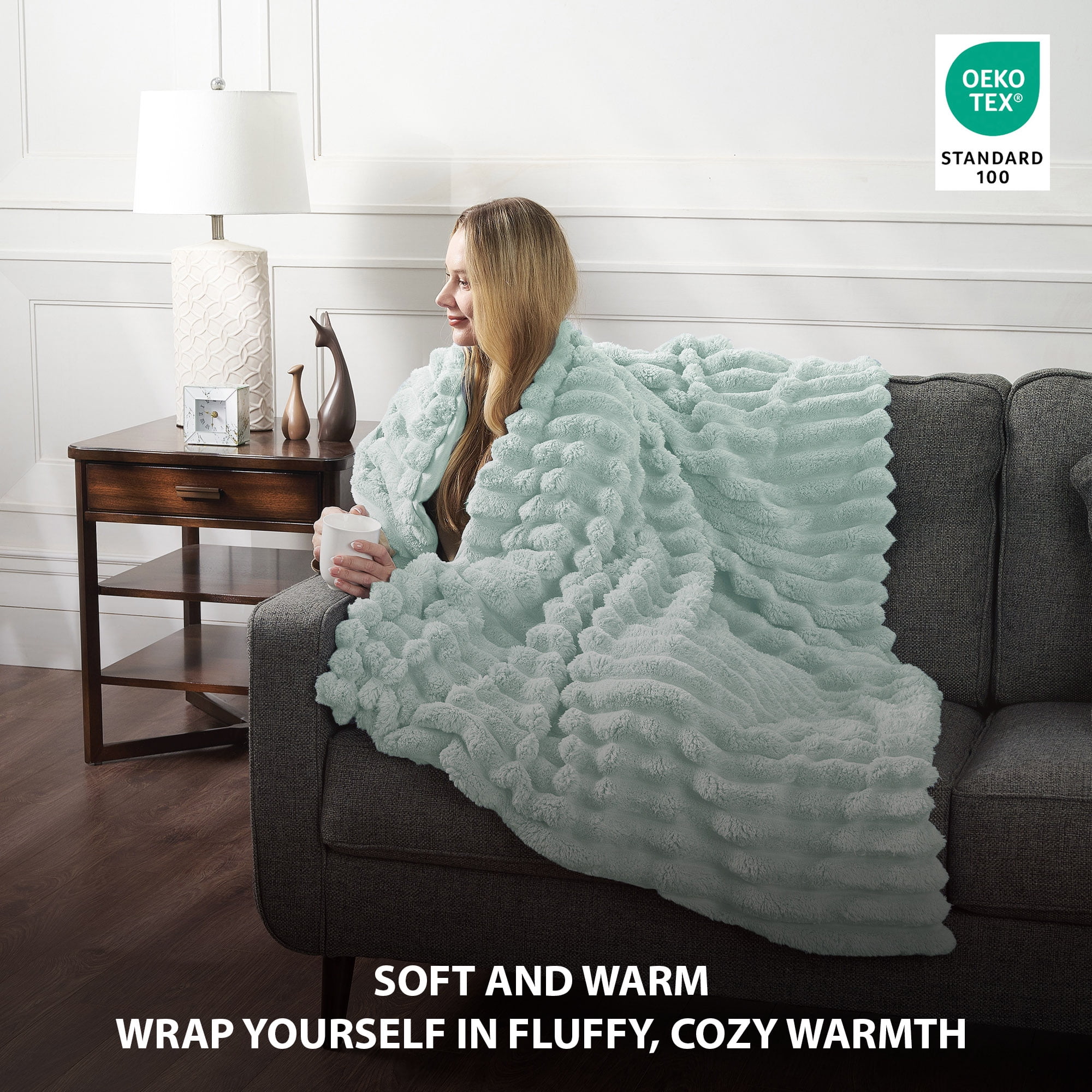 CBCHome Jumbo Velvet Plush Wide Ribbed Throw Blanket - Super Soft, Warm, Cozy Fluffy Throw for Couch, Bed, Sofa - All Season Décor (Blue Surf, 50" x 60")