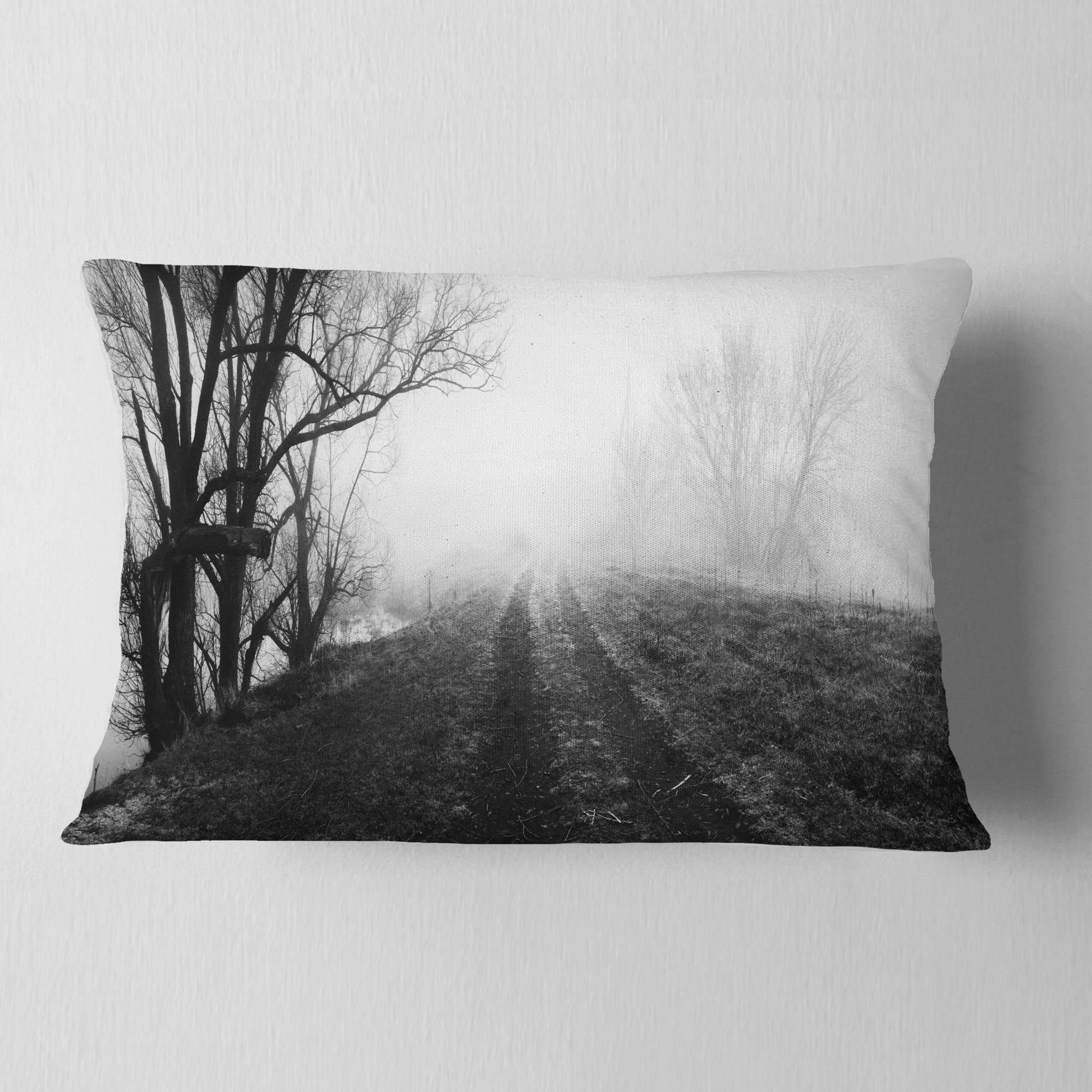 Designart Black and White Misty Landscape Panorama - Landscape Printed Throw Pillow - 12x20
