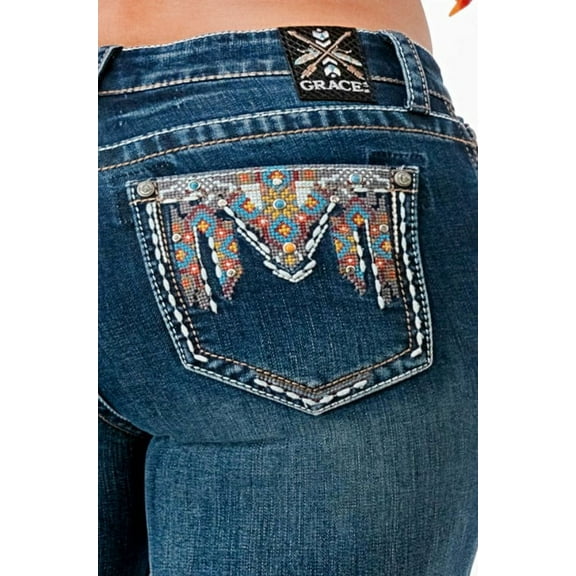 Grace in LA Women's Aztec Multi Color Embroidered Pockets Bootcut Stretch Jeans (25, Blue Stonewashed)