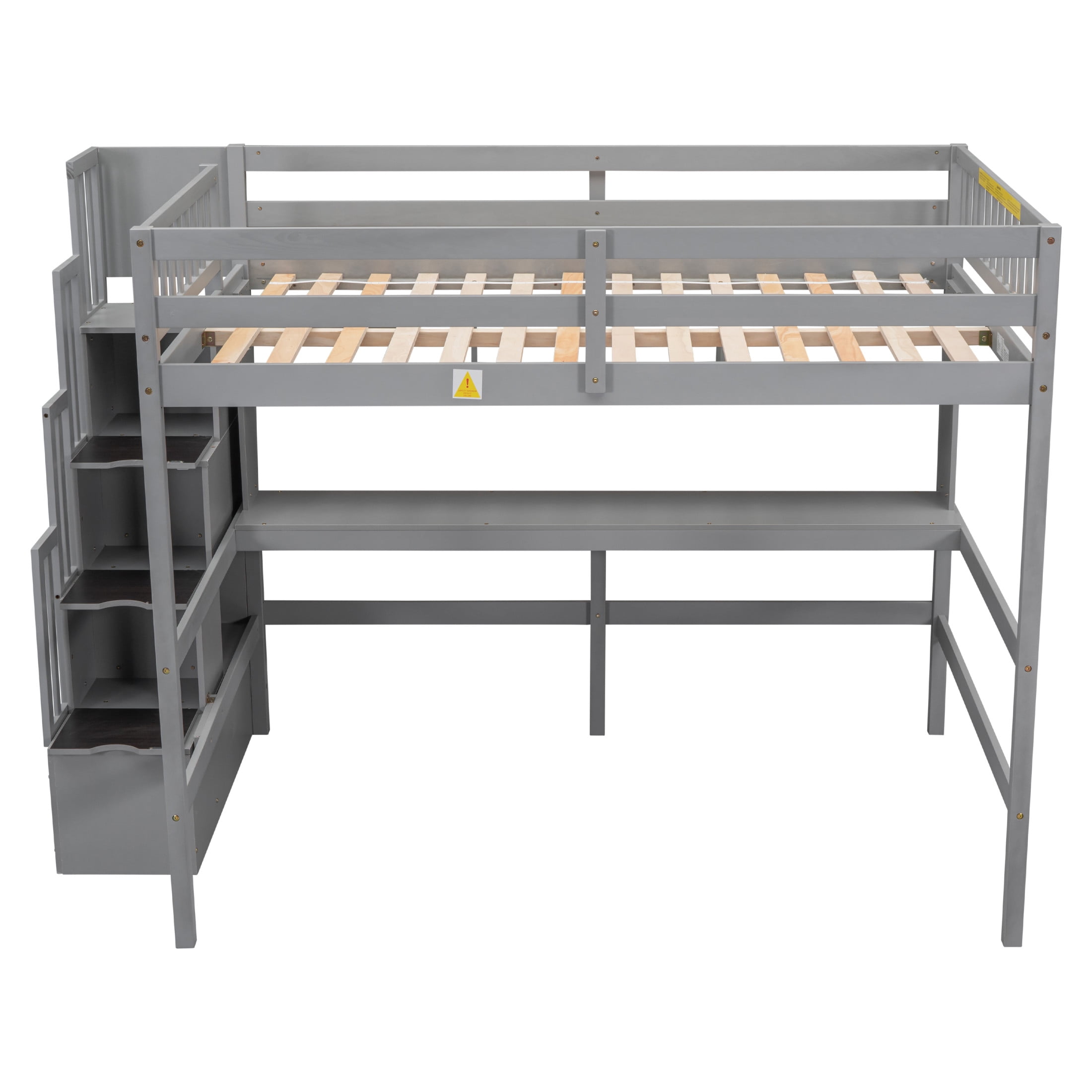 Noble House Full Size Loft Bed with Built-in Desk, Bookshelves and Storage Staircase, Pine Wood Frame, Grey