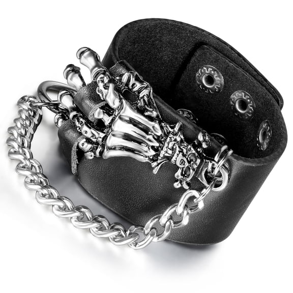 OIDEA Goth Punk Skull Leather Wide Wrap Chain Bangle Cuff Bracelet for Halloween Costume Party