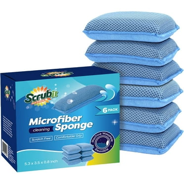 SCRUBIT Microfiber Sponge Heavy Duty Non Scratch Sponges for Utensils & Kitchenware, 6-Pack