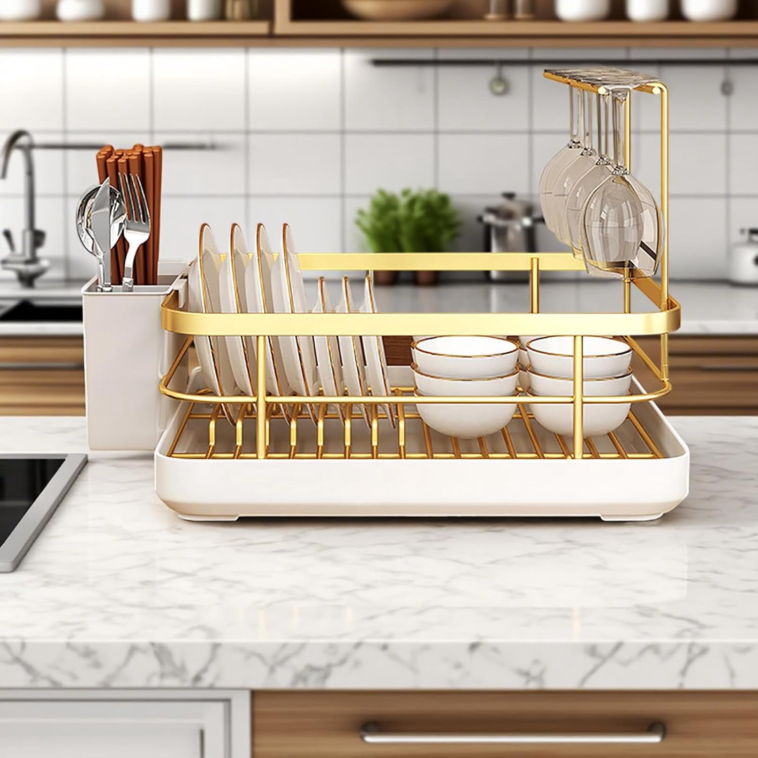 Gold Dish Drying Rack for Kitchen Counter, Stainless Steel Removable Dish Drainer with Cutlery Holder & Drip Tray, Large Capacity for Plates Glasses Utensils Chopsticks Spoons Forks(DSF)