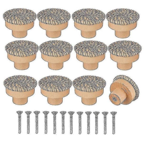 Boho Rattan Dresser Knobs Round Wooden Drawer Knobs Handmade Wicker Woven And Screws For Boho Furni