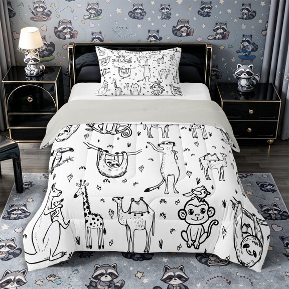 Castle Fairy Cute Safari Animal Twin Comforter Sets 2pcs for Boys,Giraffe Monkey Sloth Camel Silhouette Bedding Set,Black White,Grey Reversible,1 Comforter and 1 Pillowcase