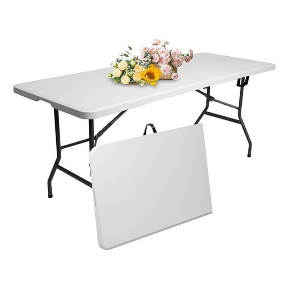6ft Foldable Plastic Table - White, Heavy Duty Camping Table for Parties, Picnics & BBQ - 330lbs Capacity, Easy Setup, Carrying Handle
