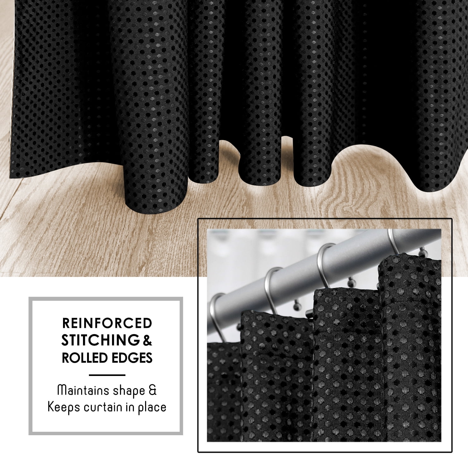 LammaLoe Black Shower Curtain, Waffle Weave Heavy Duty Fabric Shower Curtain, 72” x 72" Hotel Luxury 256 GSM Bathroom Curtains
