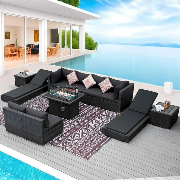RADIATA® 8 Person Outdoor Rattan Sectional Sofa Set with Fire Pit Table Conversation Set Modular Sofa Patio Furniture Set with Lounge 11-Piece Collection with Side Tables