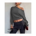 thumbnail image 2 of Women Off Shoulder Long Sleeve Cropped Pullover Sweater Top Trendy Boat Neck Soft Ribbed Knit Crop Sweater Gray S, 2 of 8