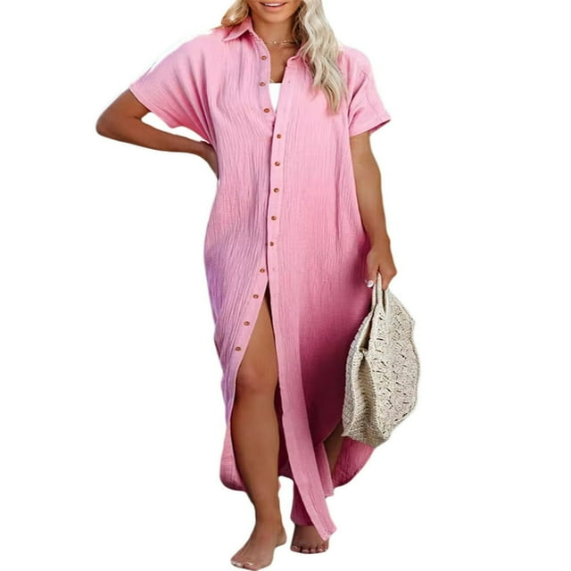 PENGXIANG Robe de Plage Décontractée pour Femmes Couleur Unie Manches Courtes Boutonnée Col Rabattu Ample