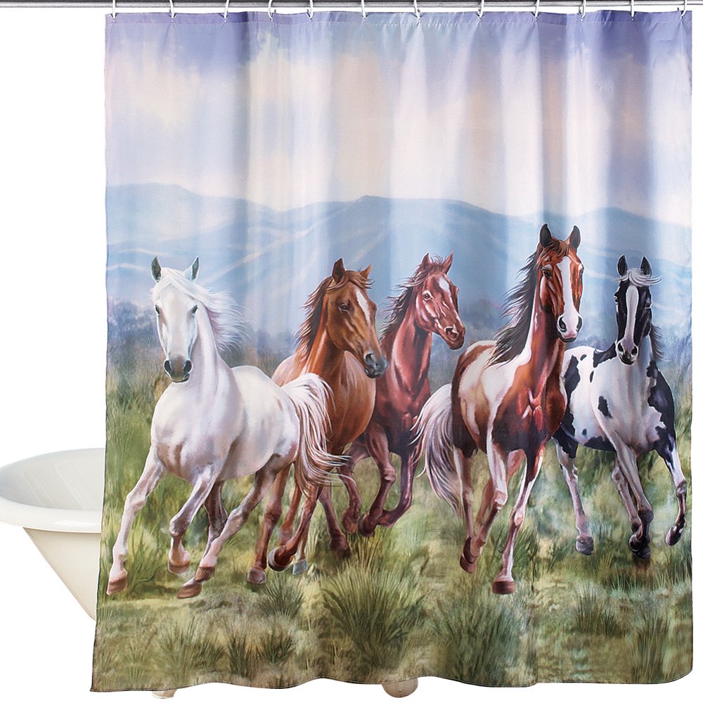 Western Galloping Horse Mountain Scene Shower Curtain Bathroom Decor