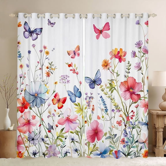 Homewish Chic Flowers Black Out Curtains for Teens Boys Girls,Spring Garden Curtains Pack of 2 (42x63 Each),Flying Butterflies Bedroom Curtains,Lightweight Room Decor