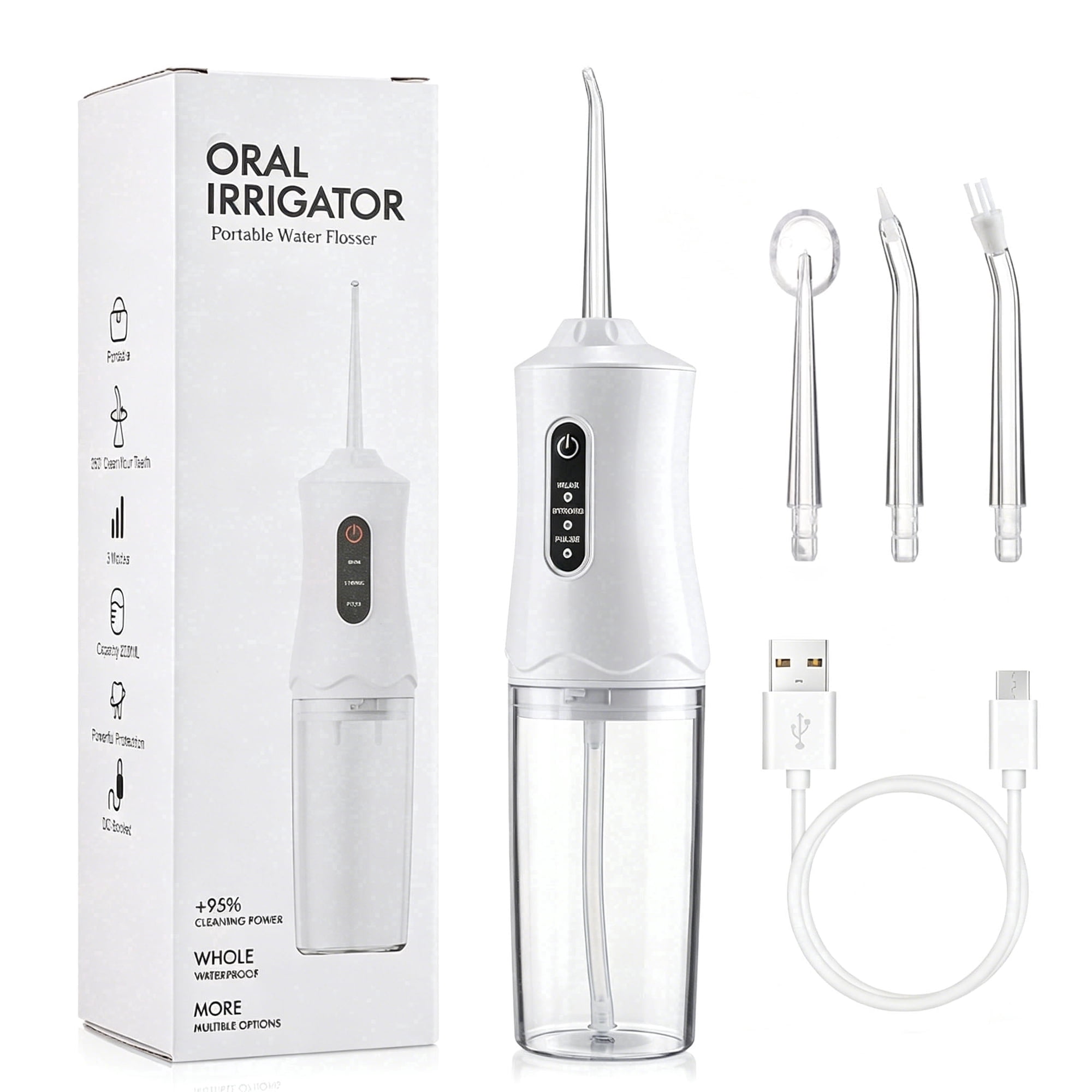 Cordless Water Flosser, 3 Modes 4 Jet Tips Portable Rechargeable Oral Irrigator with 220ml Tank, Water Flosser for Home Travel, White