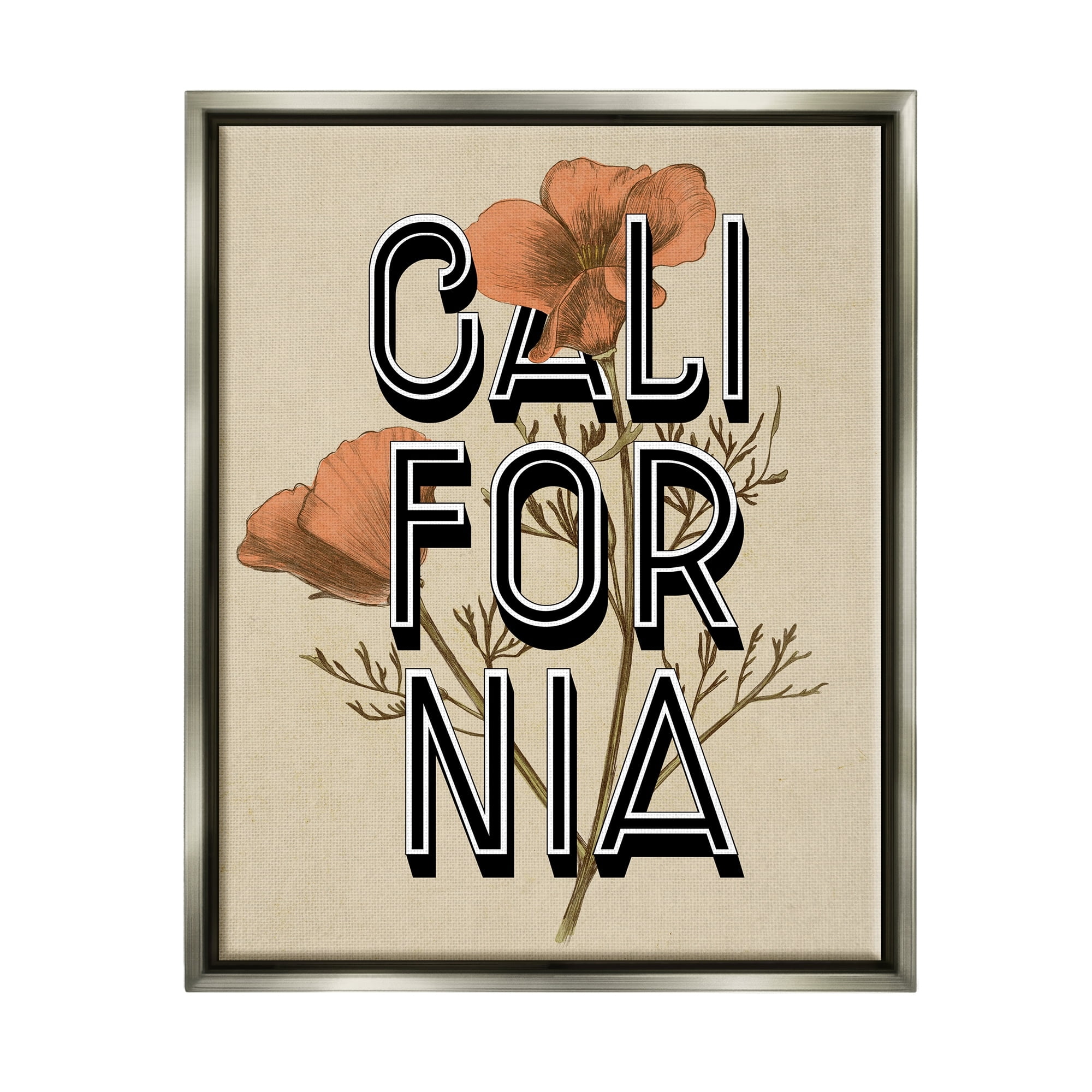 Stupell Industries California State Floral Typography Poppy Sprig Blossom Graphic Art Luster Gray Floating Framed Canvas Print Wall Art, Design by Daphne Polselli