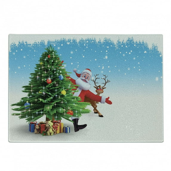 Santa Cutting Board, Traditional Xmas Character with Funny Reindeer Surprise Present Boxes Under Pine Tree, Decorative Tempered Glass Cutting and Serving Board, Small Size, Multicolor, by Ambesonne