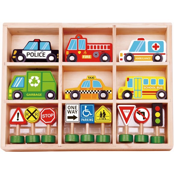 TOOKYLAND Wooden Vehicules and Street Signs Play Set - 16pc - Toy Cars, Trucks and Busses, Ages 3+