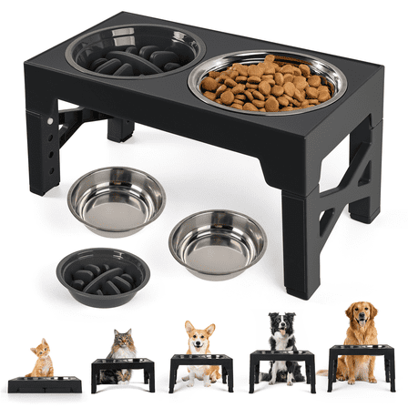 Raised Dog Bowls with 5 Adjustable Heights, Elevated Stainless Steel Cat Bowls & Slow Feeder Bowl, Pet Feeding Station for Small Medium & Large Dogs &Cats