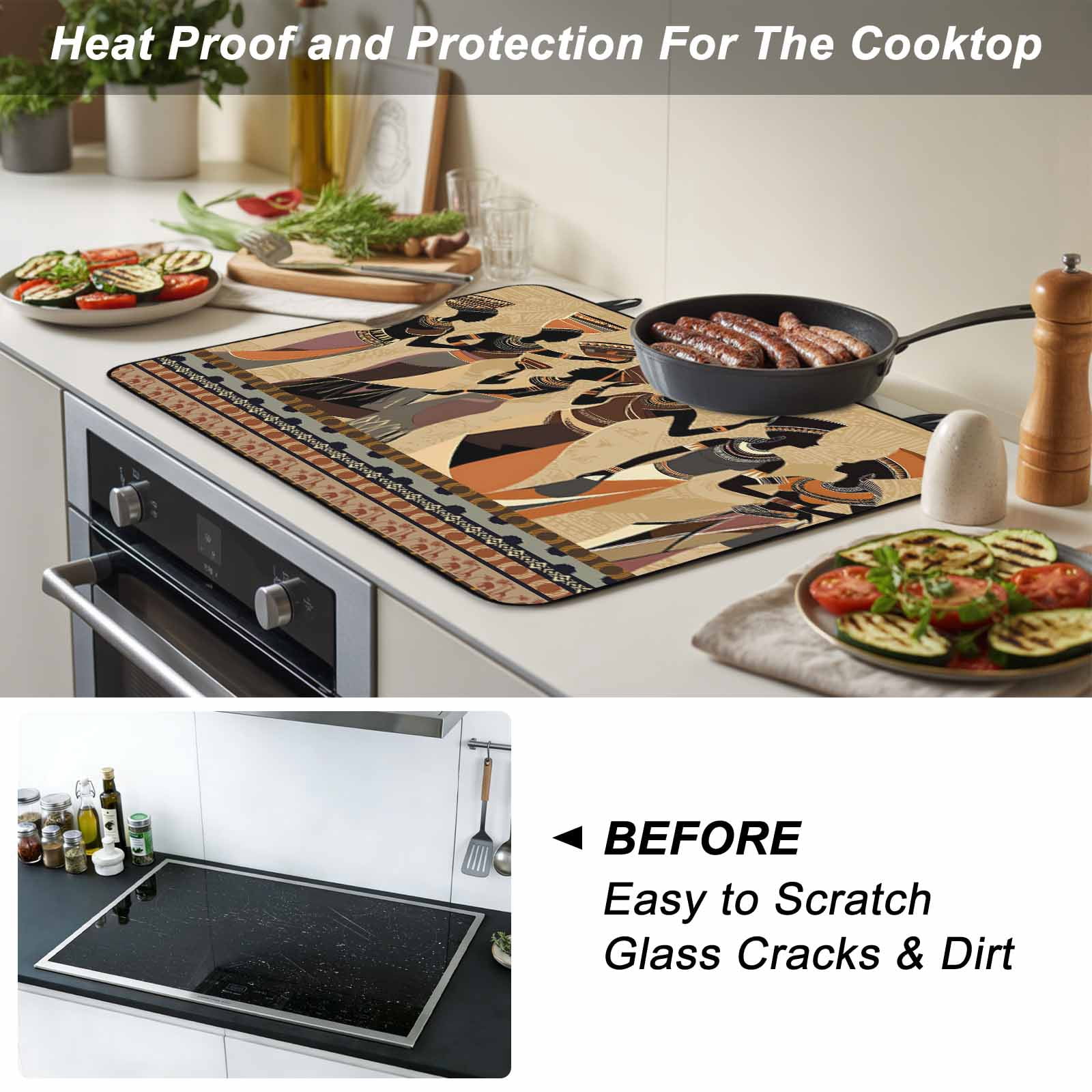 African Women Stove Top Cover for Electric Stove, Heat-proof & Non Slip Glass Top Stove Cover Protector, Black Girl Retro Ethnic Ancient Tradition Kitchen Flat Cooktop Rubber Mat 24x21 Inches