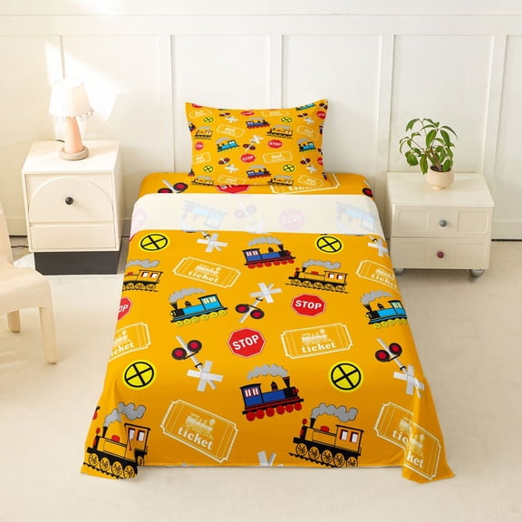 Castle Fairy Cartoon Train Pattern Twin Sheet Sets 3pcs for Kids, Ticket Print Bedding for Bedroom, Yellow Red