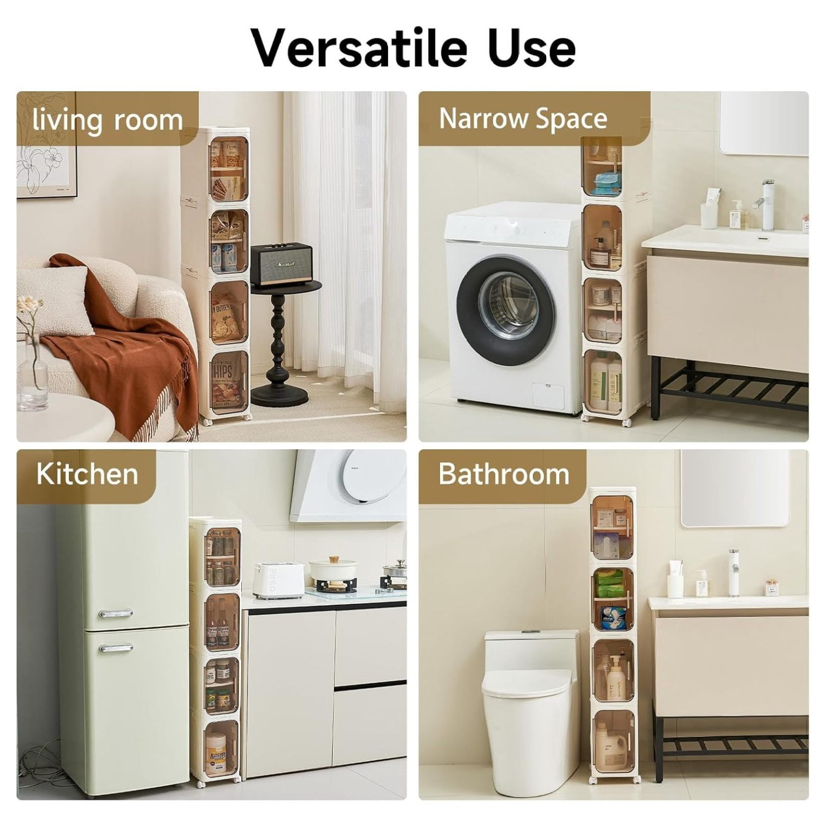4-Tier Tall Narrow Storage Cabinet- Plastic Slim Bathroom Storage Organizer with Magnetic Doors,Adjustable Shelves&Movable Wheels, Foldable Skinny Cabinet for Small Spaces,Kitchen