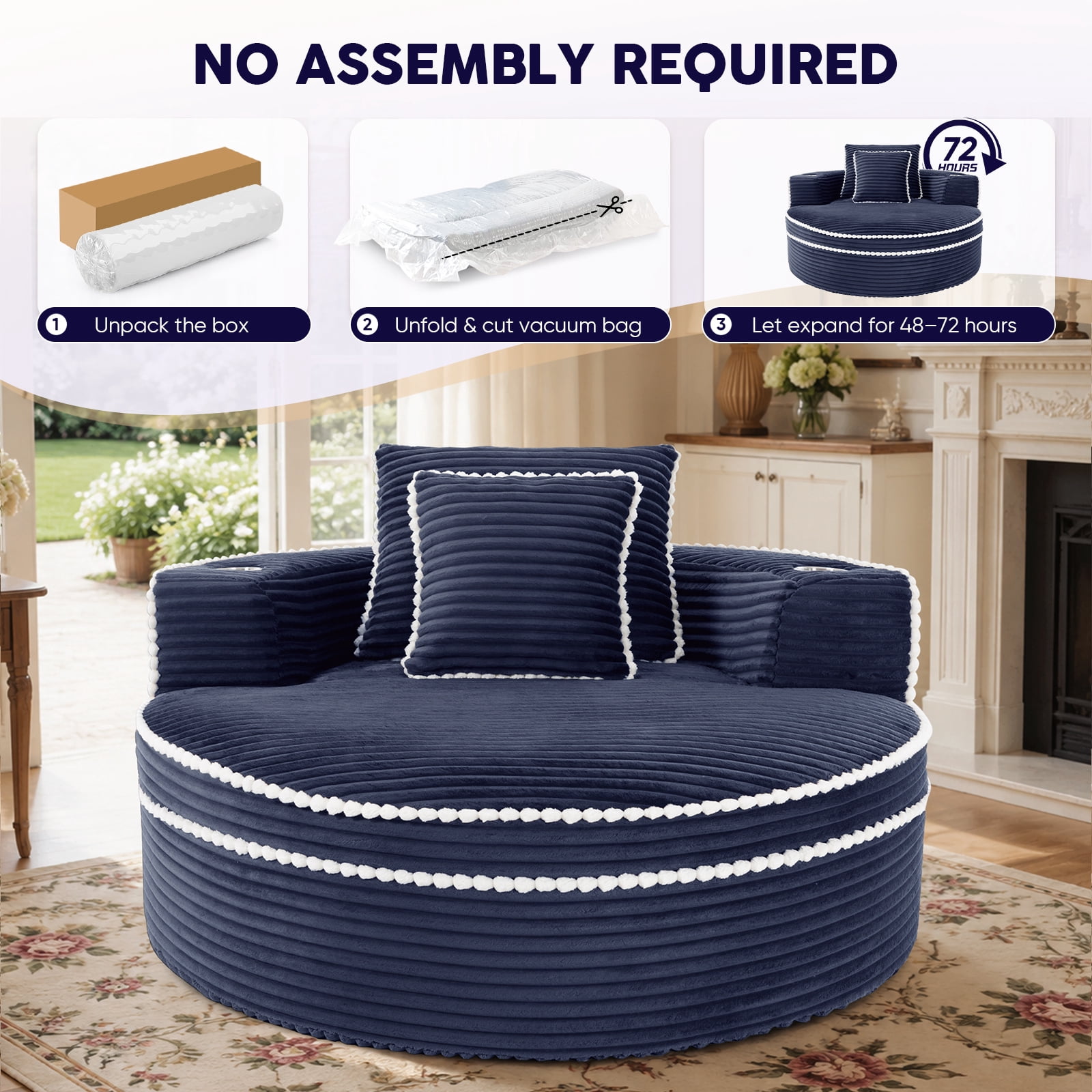 Lunale 54" Oversized Chaise Lounge Chair Indoor, Round Boneless Cloud Couch, No Assembly Required, Accent Reading Chair for Living Room, Blue Corduroy