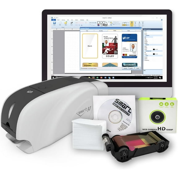 IDP SMART-31D Duplex ID Card Printer Bundle: Includes Printer, Color Ribbon, 100 Cards, Software and USB Web Camera (23 sec/card YMCKO) (5 sec/card Mono) (300 dpi) (USB)