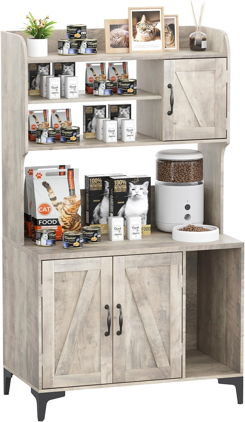 Large Hidden Litter Box Furniture with Shelves and Cabinet,Farmhouse Cat House Washroom with Scratch Pad,Wooden Enclosure for Self-Cleaning Litter Boxes
