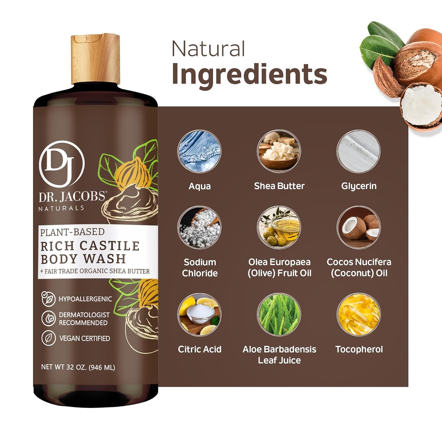 Dr Jacobs Naturals Castile Soap Body Wash Plant Based Liquid Soap, Shea Butter 32 Oz 2-Pack
