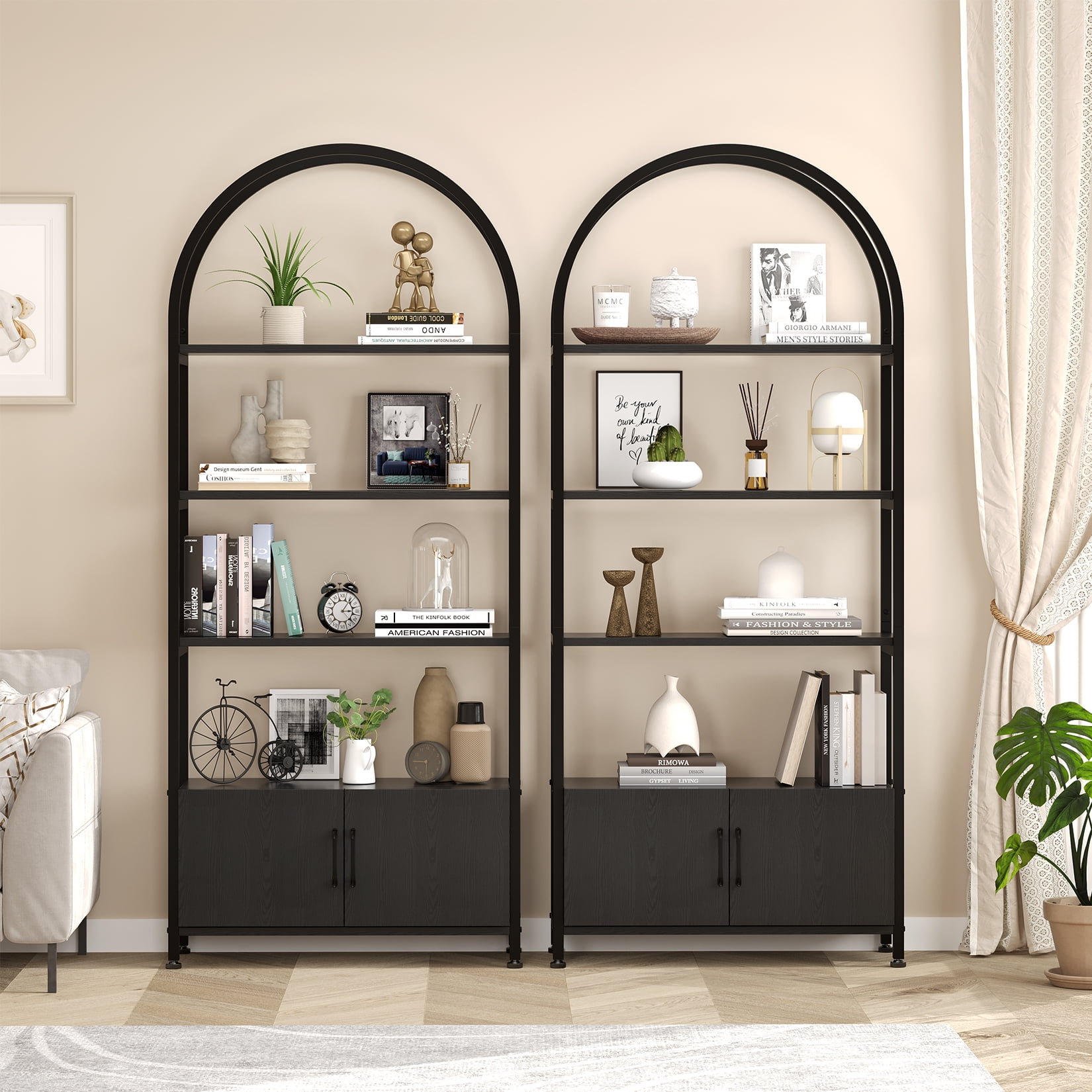 Towallmark 4-Tier Gold Bookshelf with Doors StorageBook Shelf, 71.5“ Tall Arched Book Shelf with Studry Metal Frame and Quality Board for Bedroom Living Room