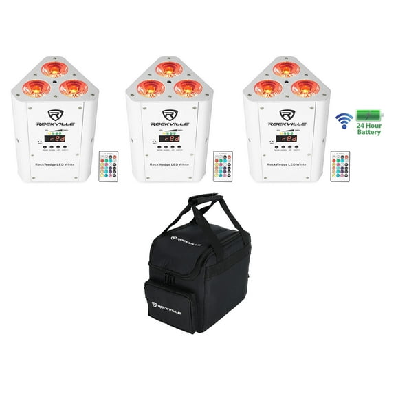 (3) Rockville RockWedge LED White RGBWA UV Rechargeable Wireless DMX Lights Bag