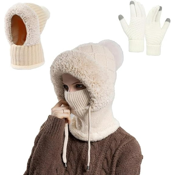 3 in 1 Winter Balaclava for Women, Windproof Fleece Lined Ski Mask with Neck Warmer for Cold Weather Outdoor Activities(Beige)