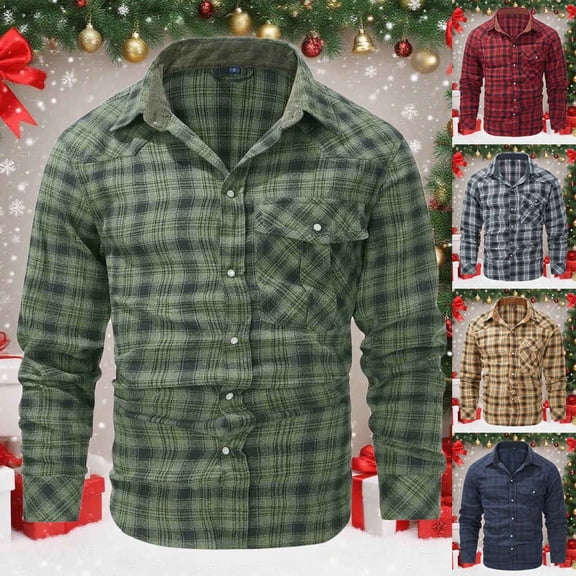 THDHVS Button Down Shirt Men,Long Sleeve Shirts for Men,Big Men Western Shirt Plaid Flannel Pearl Snap Button Long Sleeve Retro Style
