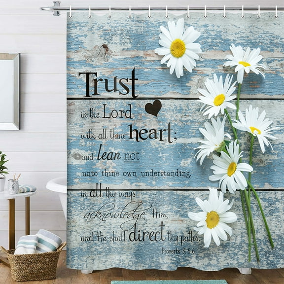 Rustic Farmhouse Daisy Shower Curtain Inspirational Bible Verse Motivational Quotes Scriptures Shower Curtain Set Vintage Boho Floral Bathroom Curtain with 12 Hooks, 70X70IN